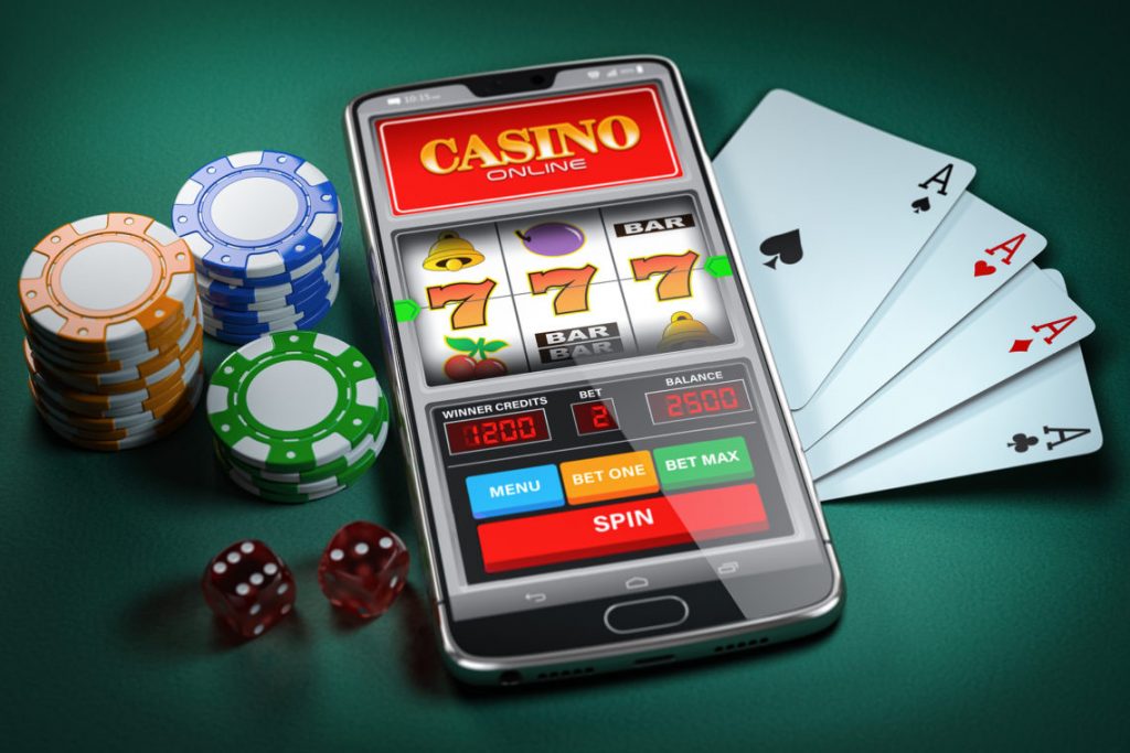 Online casino and gambling concept. Slot machine on smartphone s